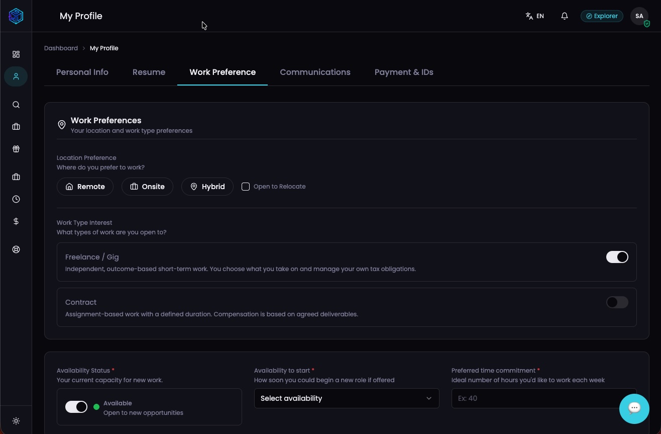 Work preferences in the candidate profile, dark platform view